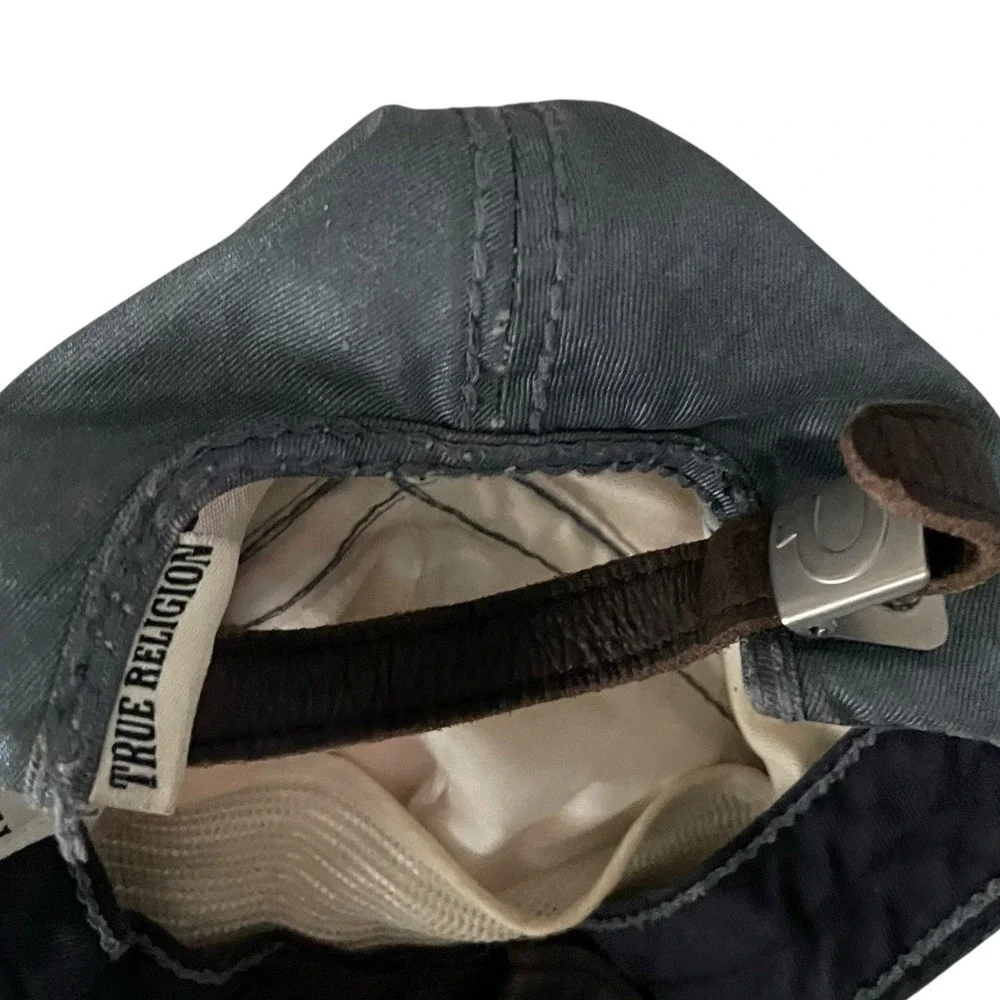 True Religion Men's Adjustable Leather Strapback Distressed Thick Stitch Hat Cap